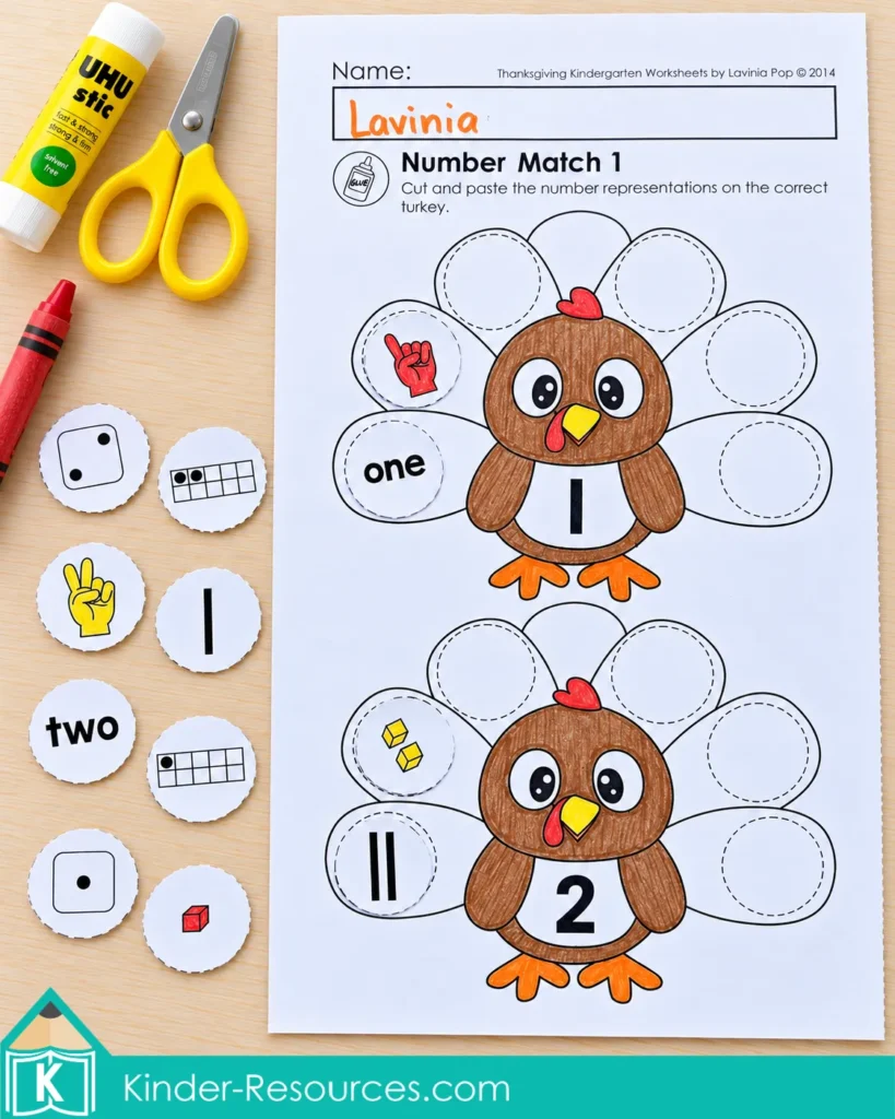 Turkey number sense activity matching feathers with number words, fingers, dice, tally marks, cubes, and ten frames to one and two.
