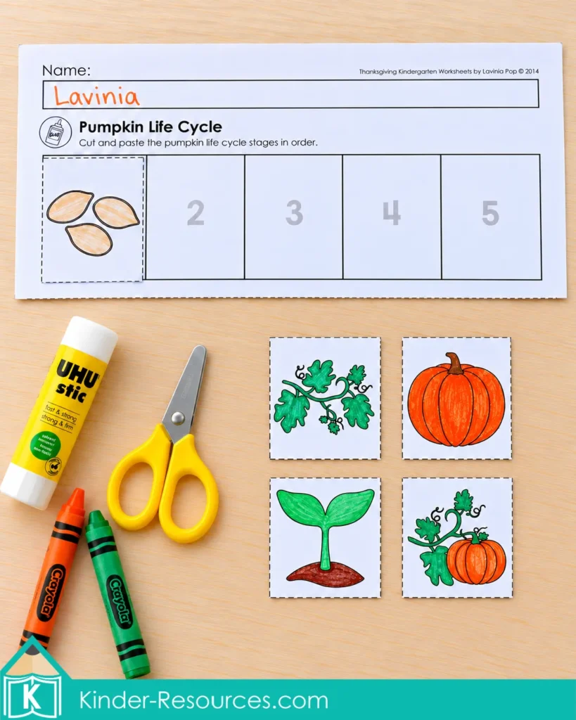 Pumpkin life cycle sequencing activity with a seed card pasted in the first box and four colored picture cards ready to arrange.