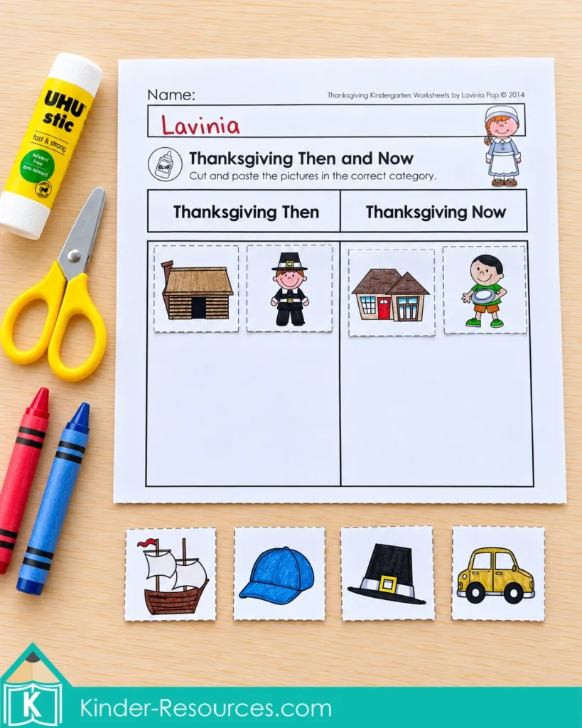 Thanksgiving Then and Now sorting worksheet with homes and children sorted into columns, plus loose transportation and clothing picture cards.