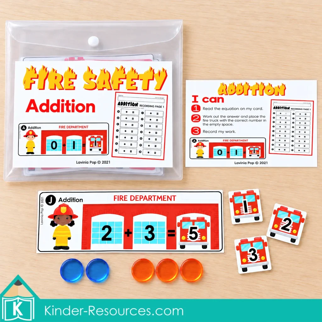 Fire safety addition center with a labeled storage wallet, “I can” card, 2 + 3 = 5 activity, and colored counters.